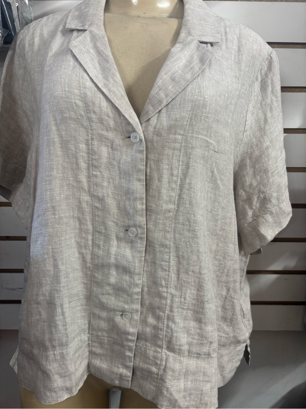 Quince Light Beige Linen Button-Down Short Sleeve Shirt